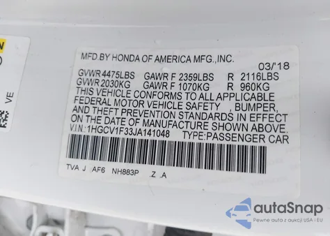 2018 Honda Accord Sport from USA, damaged, VIN 1HGCV1F33JA141048